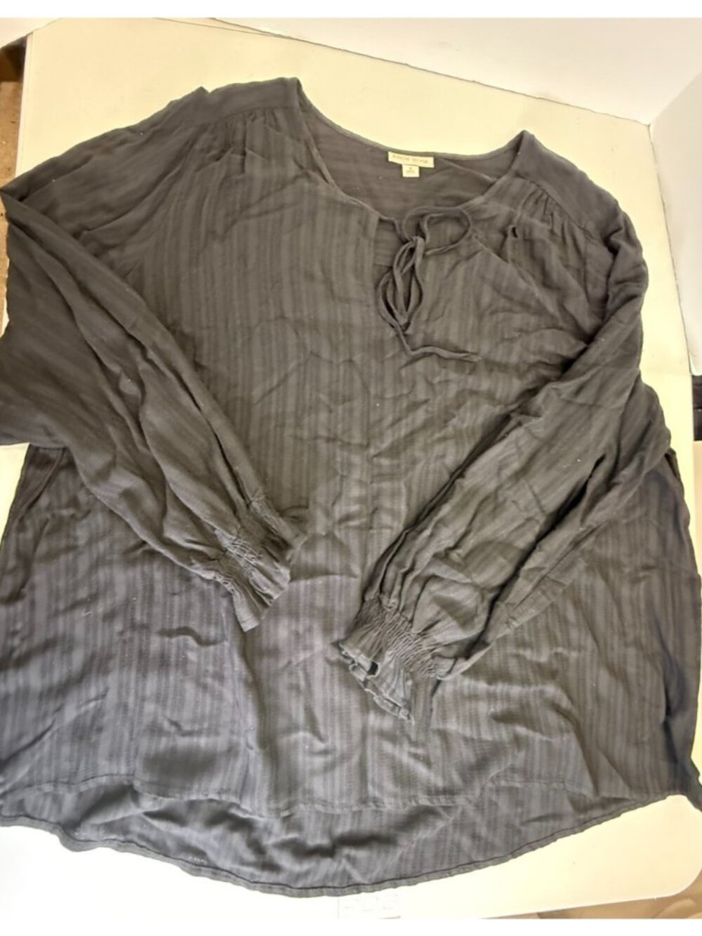 Knox Rose Black Long Sleeve Blouse Textured Stripe Tie Neck 1X Boho